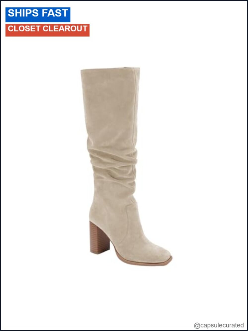 Faux Suede Knee High Boots Chunky Block Heel Square Toe Side Zipper Wide Calf